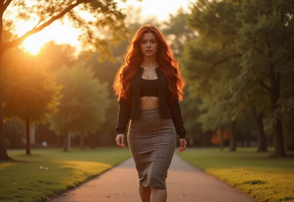Prompt: A tall gorgeous ultra-muscular 35-year-old Syrian drag queen bodybuilder (strong masculine jawline and brow), very well endowed, extremely long wavy dark red hair, cute crop top with jacket and trendy checked pencil skirt, 8 inch stiletto high heel shoes, walking through the park at sunset.