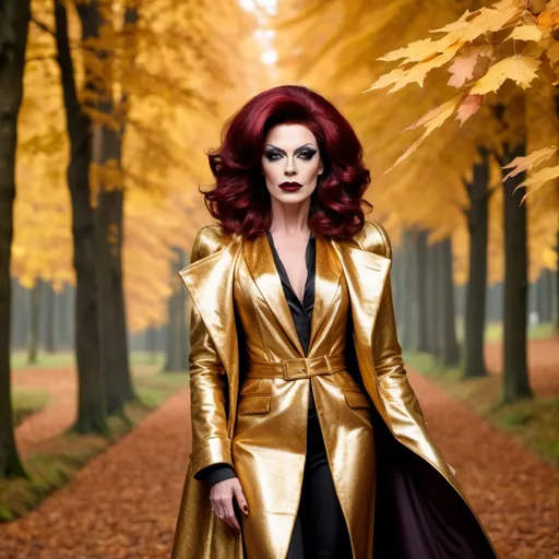 Prompt: Beautiful French drag queen, 35-year-old, dark red hair, in autumn forest in gold long fashion coat, dark eyeshadow and dark lipstick,  very strong masculine jawline and brow,.