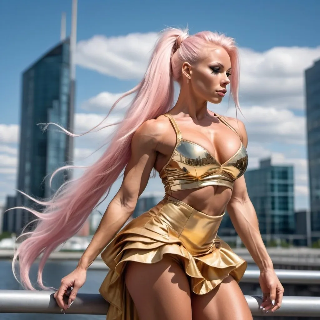 Prompt: Gorgeous ultra-muscular Finnish 25 year old goddess bodybuilder with huge busom and has ridiculously long platinum pink hair tied up in a pretty ponytail held upward above her head (((blowing in the wind))). She wears a mid-length gold skirt with ruffles and 8 inch stiletto high heel shoes.  Futuristic city background. 