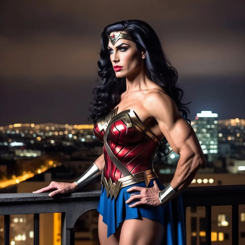 Prompt: Gorgeous umuscular 30-year-old Greek drag queen bodybuilder (very strong masculine jawline and brow features) with big busom and long wavy stylish black hair, dressed as Wonder Woman (DC Comics Character), standing on the ledge of a building at night, looking away into the city.