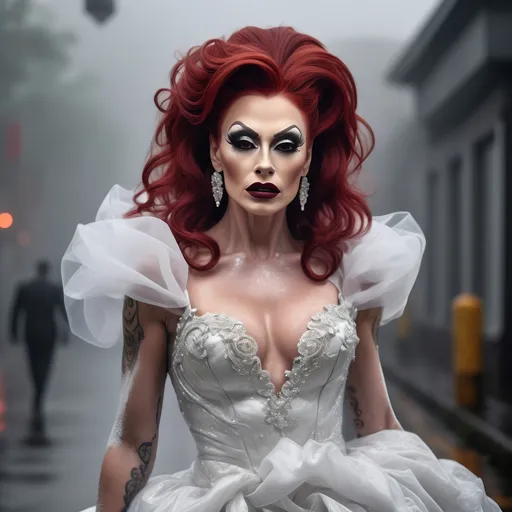 Prompt: full body shot, splash art, hyper detailed, ultra realistic, highly detailed, surreal heavy mist, AI defined exquisitely beautiful, totally ultra realistic muscular 35-year-old Polish drag queen with lusciousdark red hair, masculine jawline and brow, ultra glamorous bride, dark eyeshadow, 
Dark red lipstick, walking in a swirling fog, micro dress, on the grass, 

perfect shading, impeccable contrast, HDR, UHD, high res, 64k, cinematic lighting, special effects, hd octaneArtgerm, WLOP, dynamic studio quality lighting hyper-detailed, intricately detailed, Splash art, trending on Artstation, triadic colors, Unreal Engine 5 volumetric lighting, unreal engine, octane render.