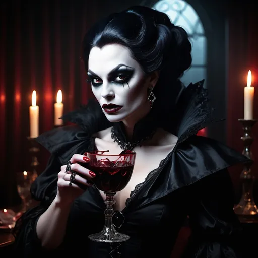 Prompt: (Drag queen vampire drinking glass of blood), in a dimly lit shadowy setting, (moody atmosphere), detailed features of the vampire, elegant attire with a touch of gothic style, shimmering glass of dark red blood, rich textures, candlelight flickering, (ultra-detailed), deep, dramatic shadows, and an overall eerie yet sophisticated ambiance.