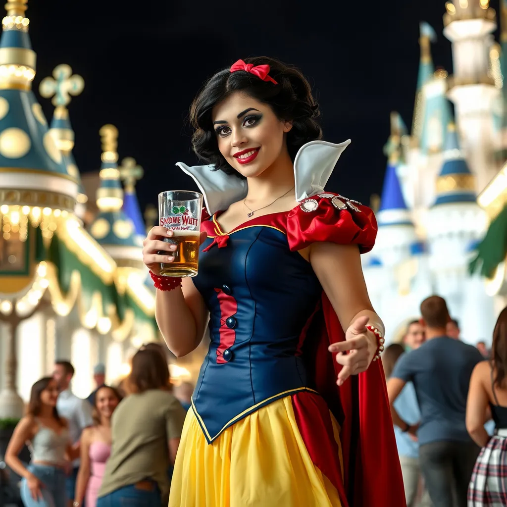 Prompt: Gorgeous ultra-muscular 25-year-old Swedish drag queen Snow White with 8 inch stiletto high heel shoes, dark mascara, eyeshadow and dark red lipstick, standing in Disney World holding a beer and flirting with guests at night