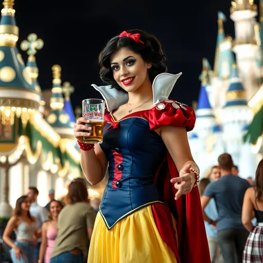 Prompt: Gorgeous ultra-muscular 25-year-old Swedish drag queen Snow White with 8 inch stiletto high heel shoes, dark mascara, eyeshadow and dark red lipstick, standing in Disney World holding a beer and flirting with guests at night