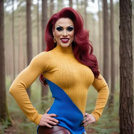 Prompt: Close shot, beautiful smiling tall muscular drag queen (masculine jawline and brow facial features) bodybuilder, 35 years old, dark red medium length wavy hair, blue eyes, yellow  & blue long sweater dress, high heels,  platform thigh high patent leather black boots, standing in a forest. Composition focus on legs. 