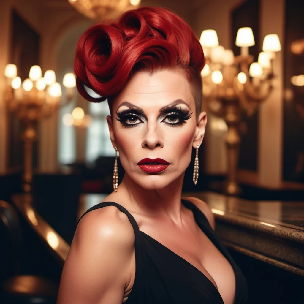 Prompt: Glamour photography of gorgeous 35-year-old czechian drag queen (strong, masculine jawline and brow features) with huge busom and short red updo hair wearing LBD and 8 inch stiletto high heel shoes, Glamour makeup in paris in the style of Guy Aroch