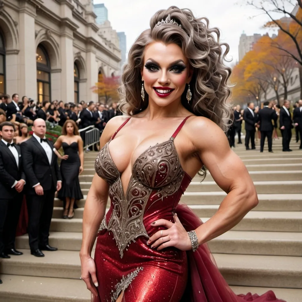 Prompt: Glamour photography of Gorgeous ultra-muscular 25-year-old (Caucasian) Russian drag queen bodybuilder with a huge busom, and very long wavy black & grey tight updo hair on the Met Gala steps in New York wearing designer bronze and red gown with long train, intricate details, glitter and jewels, posed 3/4 turn standing, smile, in the style of Guy Aroch