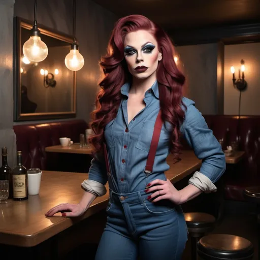 Prompt: "Create a full-length image of a Gorgeous ultra-muscular 25-year-old Finnish drag queen dressed as a waiter, wearing blue slim fit jeans paired with a natural brown stone-washed linen button-up shirt with long sleeves. Long wavy dark red hair. Dark smoky eyeshadow and dark red lipstick. The model should be accessorized with linen suspenders and a stone-washed waiter half apron. The background should be a beach setting to highlight the model's attire and accessories, giving a stylish and modern look."