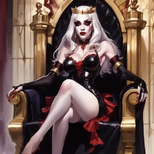 Prompt: 1 drag queen, vampire drag queen, petite, white hair, long hair,  sitting on a golden throne, black royal dress, black royal miniskirt, thighs, crossed legs (2 legs), from below, air of superiority, throne room, black tiara, nail polish, red fingernails, pale skin, bloody, red wine glass, bats, Shadows, insanely detailed and intricate, intricate detailed, ultra detailed <lora:add-detail-xl:1> , saving prompt