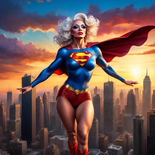 Prompt: (A heroic drag queen in a superman costume), soaring gracefully above a bustling cityscape, skyline shimmering under the setting sun, (dynamic pose), nerves of steel, vigilant gaze scanning for danger below, vibrant colors, with a backdrop of towering skyscrapers and a colorful sunset, (ultra-detailed), evoking a sense of adventure and superheroic bravery.