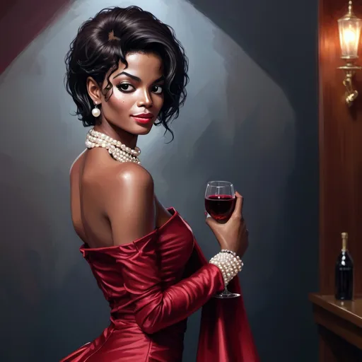 Prompt: 4k , high resolution , detailed , digital painting , dark colors , wooden wall , 
Michael Jackson dressed up as a woman standing in modeling pose  and she is holding a glass of red wine  , Bordeaux party dress revealing legs   ,black skin color , short pixie  hair , earrings , pearl necklace  , she is looking at the viewer with slight  smile , , good composition (center)