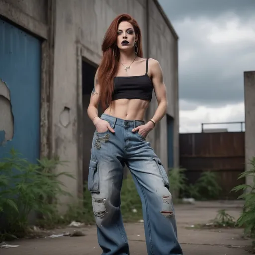 Prompt: Detailed portraits of a gorgeous ultra-muscular 25-year-old French drag queen with long straight shiny auburn hair, wearing, (((loose baggie wide-leg saggy faded cargo jeans))), (crop top:1.4), earrings, rings, hands at side, beautiful eyes, dark lipstick and facial makeup, auburn hair, nail polish, tomboy look, standing, detailed neglected urban background, neglected building, cracks in the concrete, cannabis growing, cannabis growing operation, cloudy, grey skies, hyper-realistic, precisionism, creative, expressive, low natural lighting, shadows, 8k, ultra-detailed, unreal engine 5, sharp focus, high-res, stylized anatomy, professional, precisionism, Canon 1DX, 50 mm f/2.8 lens, stylized 886