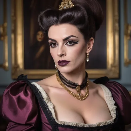 Prompt: A gorgeous muscular 25-year-old French drag queen (with large busom, dark eye makeup, dark lipstick, and strong masculine jawline and brow facial features) regency era noblewoman in aristocratic attire