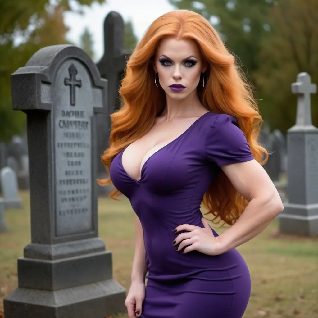 Prompt: Gorgeous Muscular Finnish 25 year old Daphne Blake with huge busom and long stylish orange hair and dressed as daphne blake in purple dress and 8 inch stiletto high heel shoes, immaculate makeup. Dark spooky graveyard. 