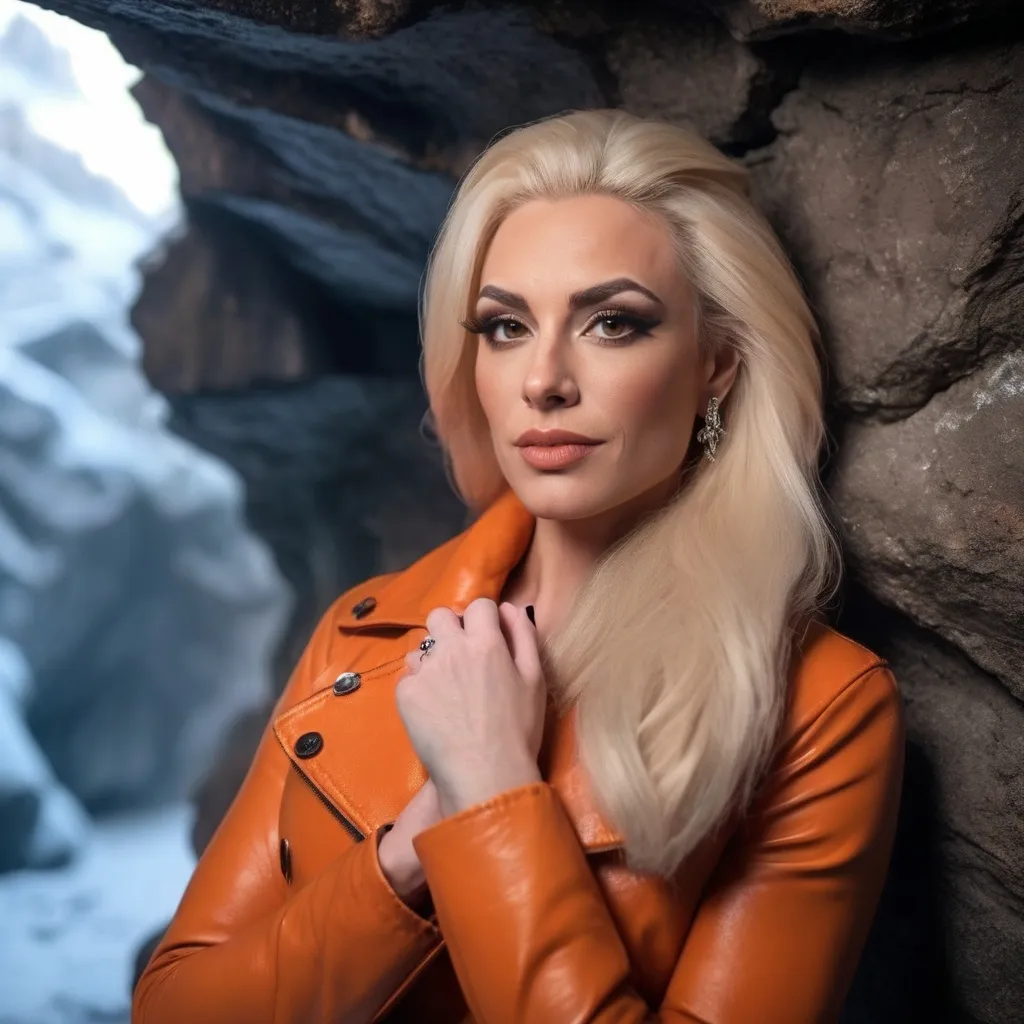 Prompt: professional portrait photograph of a gorgeous muscular 35-year-old British drag queen (strong masculine jawline and brow features) in orange winter clothing, long natural blonde hair, most attractive face, (freckles), nice smile, cute stylish makeup, wearing elegant warm winter fashion clothing, ((standing out side a frozen cave), hyper- realistic, detailed features, realistic lighting, high quality, realistic view,, elegant, realistic setting, professional, detailed, glamorous, actress, iconic, stunning modern urban environment, ultra realistic, concept art, elegant, highly detailed, intricate, sharp focus, depth of field, f/1. 8, 85mm, medium shot, mid shot, (((professionally color graded))), bright soft diffused light, (volumetric fog), trending on instagram, hdr 4k, 8k