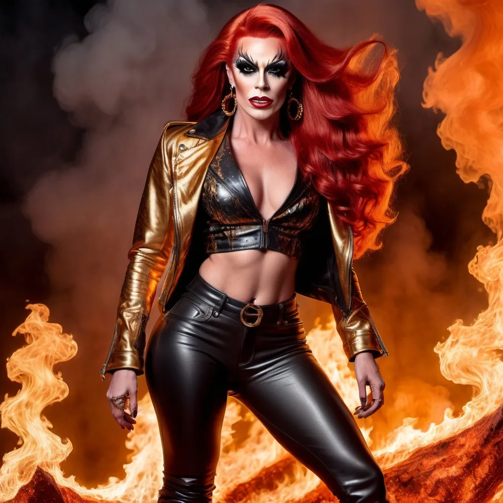 Prompt: Gorgeous muscular demon drag queen, long red wavy hair, leather dark black pants, golden leather jacket, 8 inch stiletto knee-high boots. Walking through fire and brimstone. Detailed gorgeous drag queen face.