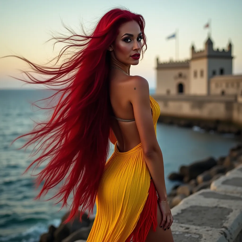 Prompt: Gorgeous muscular 40-year-old Puerto Rican drag queen bodybuilder very long wavy full dark red hair (((blowing in the wind))) showing off her backless fringed yellow & red tight dress, dark eyeshadow, 
Heavy mascara, dark red lipstick, and 8 inch stiletto high heel shoes posing near Castillo San Felipe del Morro at dusk. Windy weather.