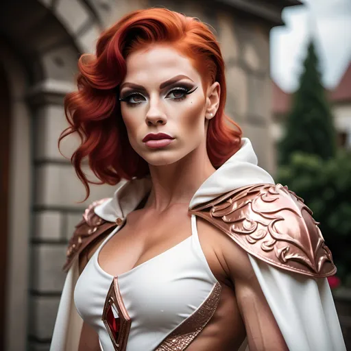 Prompt: Gorgeous muscular 25-year-old Czechian drag queen bodybuilder (with strong masculine jawline and brow) with bright red hair, wearing a regal tunic, ivory white, with armor sewn into the fabric. Cascading cape, draping from the shoulder lapel. Cottage core aesthetic. Delicate rose gold detailing.