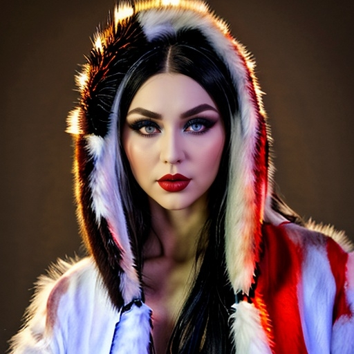 Prompt: Full Picture of winter scene, trees and rocks, with beautiful 25-year-old Siberian drag queen with white hair, dark eye shadow, dark red lipstick, white eyebrows, light skin, realistic, high quality, bright eyes, long hair, symmetrical,  wide eyes, fair, delicate, medieval, wearing a big white spotted fur coat with large unrealistically oversized fur hood, leather corset, leather pants with side laces