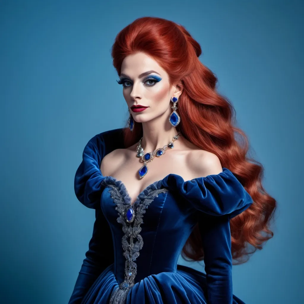 Prompt: a French drag queen (with strong masculine jawline and brow facial features) with long red hair wearing blue velvet dress and earrings, posing for a picture with a blue background, Elina Karimova, rococo, elegance,  photorealistic