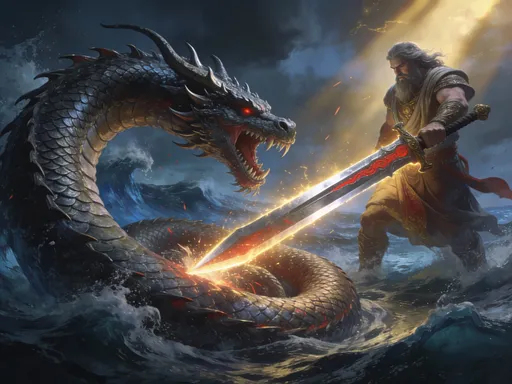 Prompt: In that day the LORD will take his terrible, swift sword and punish Leviathan, the swiftly moving serpent, the coiling, writhing serpent. He will kill the dragon of the sea..