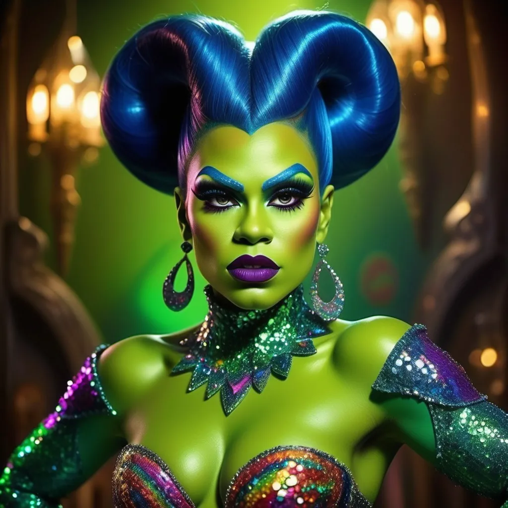 Prompt: If Shrek was a gorgeous muscular 25-year-old drag queen. Dark eye makeup and dark lipstick. 8 inch stiletto high heel shoes.