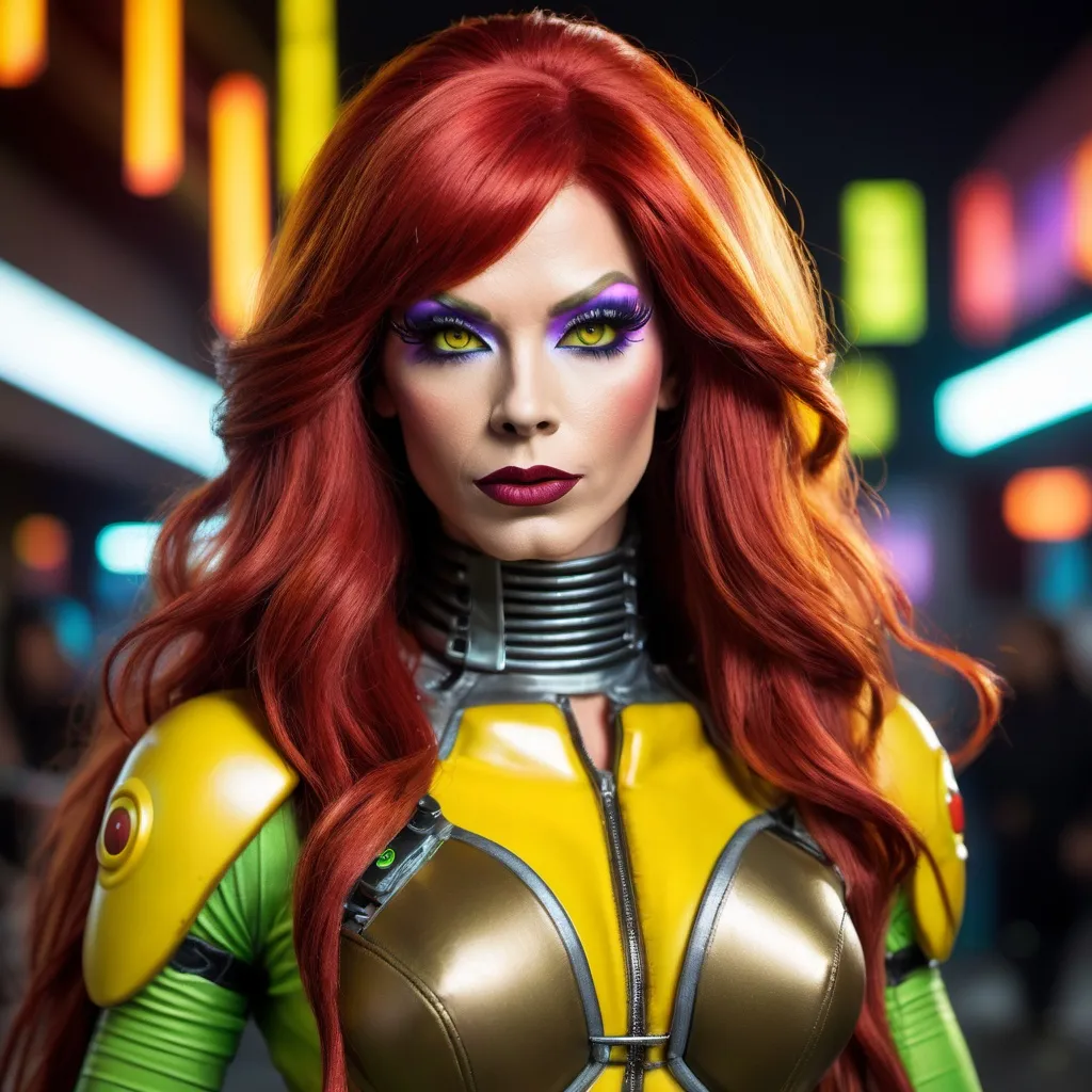 Prompt: A realistic looking photograph of A Drag queen version of April O'Neil from the Ninja Turtles, she has cybernetic upgrades to her neck and body including wires, metal circuits and neon yellow lights, she has long red hair, dark eyeshadow and dark lipstick, she is attractive, she looks like she is street smart