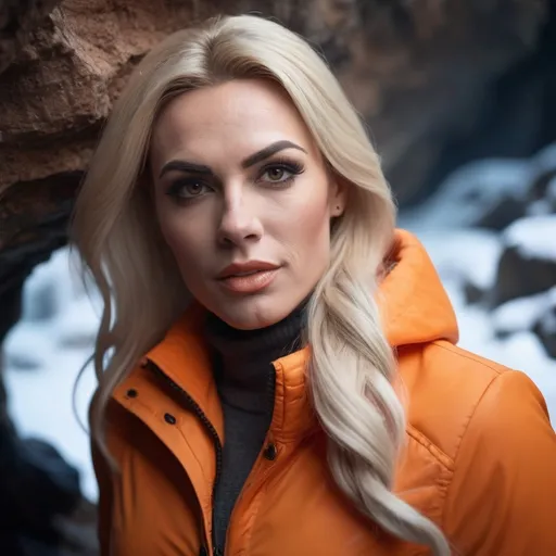 Prompt: professional portrait photograph of a gorgeous muscular 35-year-old British drag queen (strong masculine jawline and brow features) in orange winter clothing, long natural blonde hair, most attractive face, (freckles), nice smile, cute stylish makeup, wearing elegant warm winter fashion clothing, ((standing out side a frozen cave), hyper- realistic, detailed features, realistic lighting, high quality, realistic view,, elegant, realistic setting, professional, detailed, glamorous, actress, iconic, stunning modern urban environment, ultra realistic, concept art, elegant, highly detailed, intricate, sharp focus, depth of field, f/1. 8, 85mm, medium shot, mid shot, (((professionally color graded))), bright soft diffused light, (volumetric fog), trending on instagram, hdr 4k, 8k