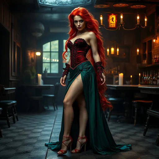 Prompt: Fantasy photography, a tall, gorgeous, ultra-muscular 25-year-old Dutch drag queen bodybuilder with very long red hair, long muscular legs, dressed in red velvet corset, green long flowing gown and 8 inch stiletto high heel shoes, in a tavern, dull colors, danger, ultra-realistic, fantasy photography, by Hiro Isono, by Luigi Spano, by John Stephens