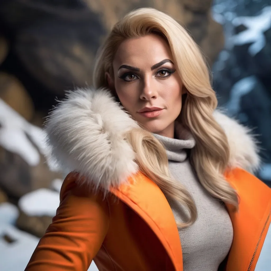 Prompt: professional portrait photograph of a gorgeous muscular 35-year-old British drag queen (strong masculine jawline and brow features) in orange winter clothing, long natural blonde hair, most attractive face, (freckles), nice smile, cute stylish makeup, wearing elegant warm winter fashion clothing, ((standing out side a frozen cave), hyper- realistic, detailed features, realistic lighting, high quality, realistic view,, elegant, realistic setting, professional, detailed, glamorous, actress, iconic, stunning modern urban environment, ultra realistic, concept art, elegant, highly detailed, intricate, sharp focus, depth of field, f/1. 8, 85mm, medium shot, mid shot, (((professionally color graded))), bright soft diffused light, (volumetric fog), trending on instagram, hdr 4k, 8k