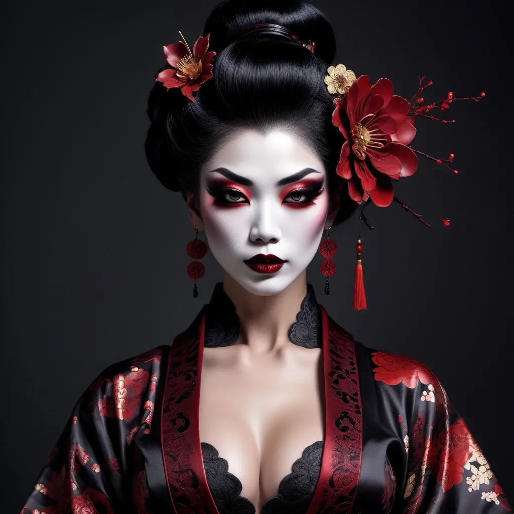 Prompt: (Gorgeous, muscular, goth,  geisha, drag queen bodybuilder), intricate dark makeup, traditional kimono with dark floral patterns, incredible detailing on clothes, perfect make-up, sharp fangs over blood red lips.  contrasting with lace elements, haunting ambiance, shadows reflecting cold moonlight, mysterious surgical precision in fabric details, mystical aura exuding sensuality, lush dark red and black tones, (ultra-detailed), (4K), dark, terrifying yet enchanting and chilling atmosphere in a Japanese grave yard, courtly surroundings filled with ethereal allure.