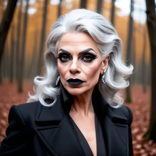 Prompt: Beautiful French drag queen, 45-year-old, silver hair, in autumn forest in black long fashion coat, dark eyeshadow and dark lipstick,  very strong masculine jawline and brow,.