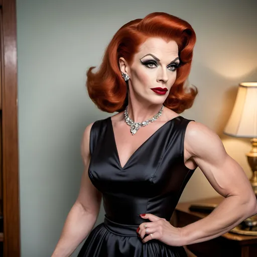 Prompt: A gorgeous muscular red-headed 40-year-old Czechian drag queen (((strong masculine jawline and brow))) housewife (((dark eyeshadow and dark lipstick))) in the 1950s wearing a solid sweetheart swing dress. Posing in the living room.