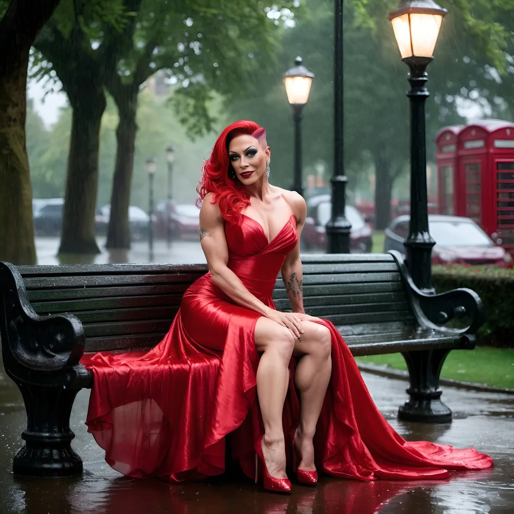 Prompt: A mesmerizing digital photograph of a gorgeous, tall, muscular 35-year-old British drag queen in a flowing red silk dress, seated on a wet bench beneath a dim, old street lamp in a rain-soaked park. With an air of mystique, she gracefully dances, its rich tones resonating through the damp air. The atmosphere is both enchanting and melancholic, with the rain-drenched landscape enhancing the emotional intensity of the scene.