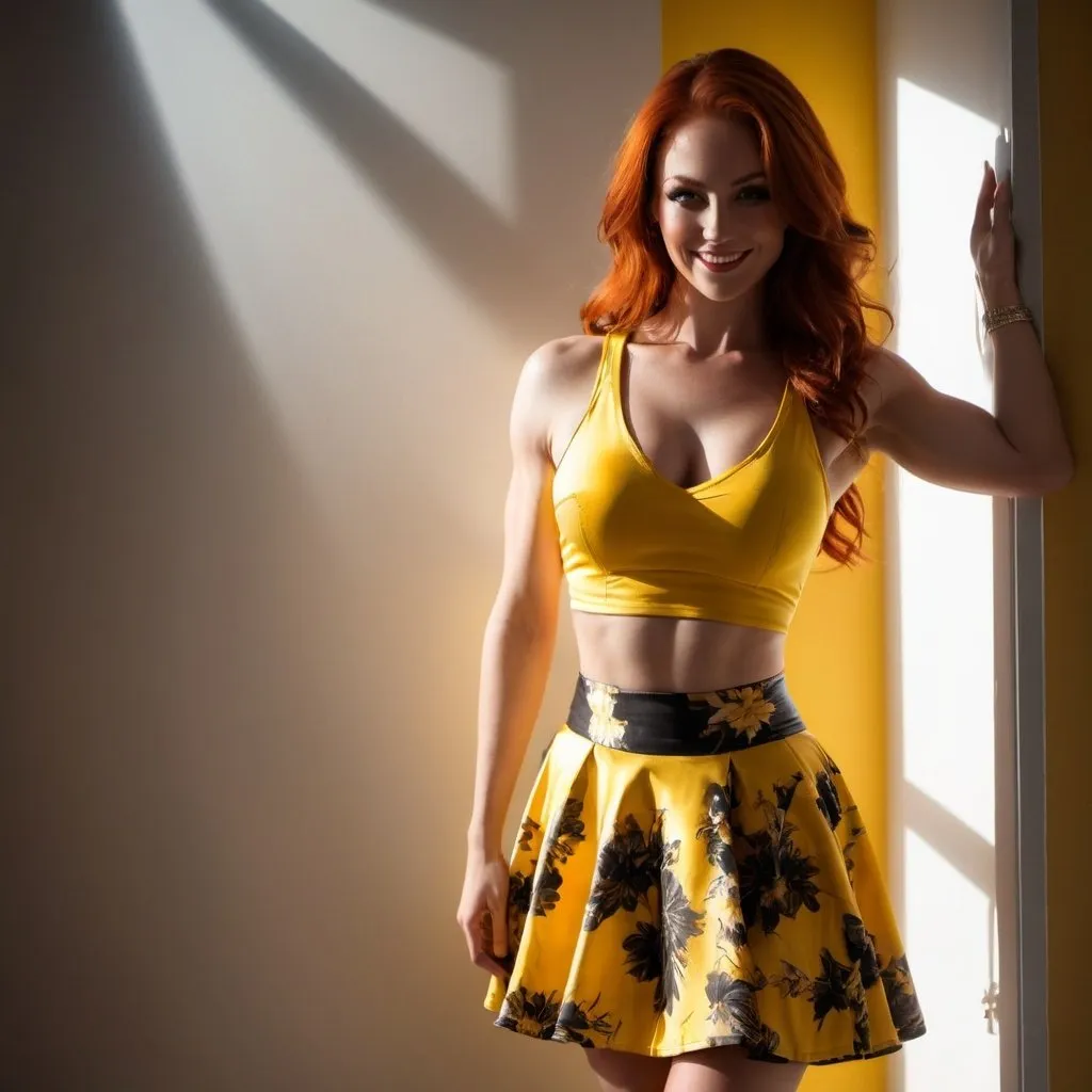 Prompt: 64k , high resolution ,dark colors ,digital photography, glamour photography , art photography , professional , dark room , window with opened shutters ,sunlight shines the woman through the window  , a gorgeous ultra-muscular 25-year-old Finnish goddess with huge busom dancing  with smile on her face  , red hair ,pale skin, yellow sleeveless crop top shirt , detailed yellow floral short circle skirt ,necklace , legs , 8 inch stiletto high heel shoes, close up ,drama , light and shadow photography , low angle shot 