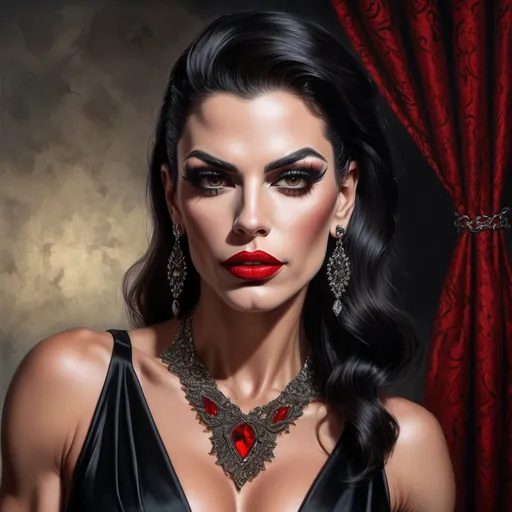 Prompt: a Gorgeous muscular 35-year-old Portuguese drag queen (very strong masculine jawline and brow features) with a necklace and earrings on her neck and red lips and a black dress on her chest, Edwin Georgi, gothic art, highly detailed digital painting, a photorealistic painting