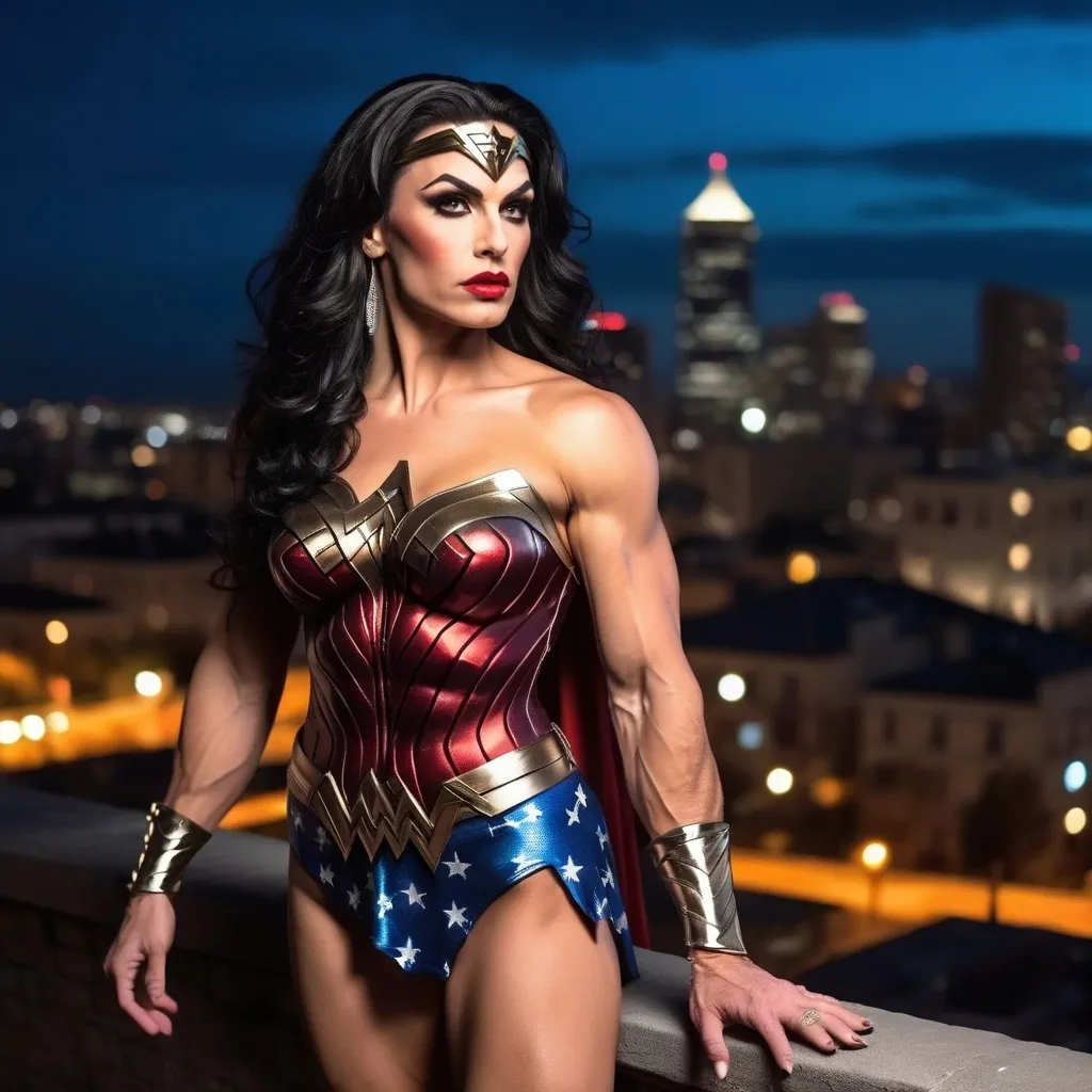 Prompt: Gorgeous umuscular 30-year-old Greek drag queen bodybuilder (very strong masculine jawline and brow features) with big busom and long wavy stylish black hair, dressed as Wonder Woman (DC Comics Character), standing on the ledge of a building at night, looking away into the city.