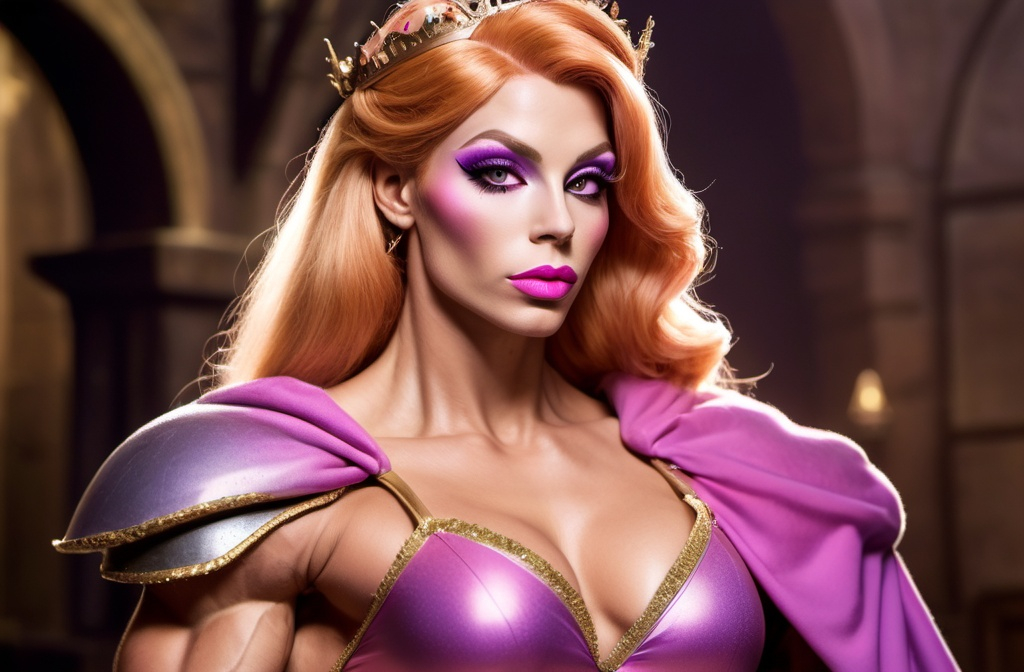 Prompt: Make an image of "sleeping beauty "Aurora"" as a Czechian drag queen bodybuilder. Aurora is a beautiful young drag queen bodybuilder of 24 years old. She has strawberry-blonde hair that reaches her waist. Depict her as a crusader who helps weak citizens in their digital skills. She likes to wear pink & lavender 14th Century style dress, tight leggings, dark eye makeup,  dark lipstick and 8 inch stiletto high heel shoes.