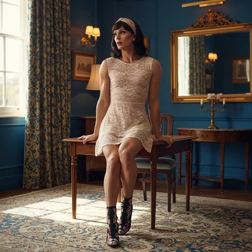 Prompt: In a stylish and elegantly decorated indoor setting, a gorgeous, muscular, 35-year-old British drag queen exudes a poised yet playful charm as she sits on a vintage wooden table. Dressed in a delicate, sheer lace dress that hugs her figure, she pairs it with striking floral-embroidered high-heeled ankle boots that elevate her look. Her straight, dark hair is complemented by a soft headband, framing her face as she gazes thoughtfully at the viewer, evoking a sense of allure. The room features rich blue walls adorned with patterned drapes and an ornate mirror, while warm sunlight filters through, casting a soft glow that enhances the inviting atmosphere. The overall composition melds contemporary style with classic elegance, creating a narrative of sophistication and playful confidence.