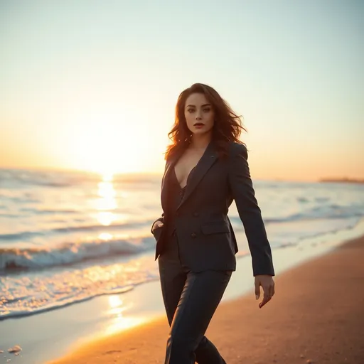 Prompt: (cinematic) beach scene, (gorgeous ultra-muscular 25-year-old Czechian drag queen with long wavy dark red hair, smakey eye shadow and dark red lipstick) strolling along the shore, (soft golden light) of sunset reflecting on gentle waves, (serene atmosphere) with a touch of romance, (fine details) of the three piece suit glistening in the light, (crisp details) and ultra-detailed background of a tranquil ocean vista, (4K quality).