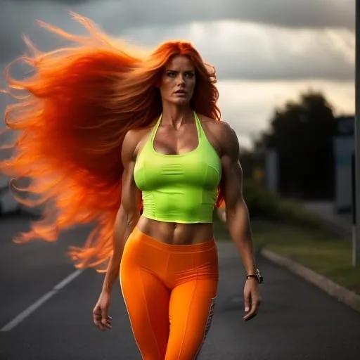 Prompt: Ultra-realistic 8k digital photo of a Tall gorgeous 35 years old Czechian goddess bodybuilder with huge busom, and extremely long burnt orange flowing hair (((blowing in the wind))), wearing lime green Capri pants, white sheer silk blouse, and 8 inch stiletto high heel shoes standing at the bus stop at night.