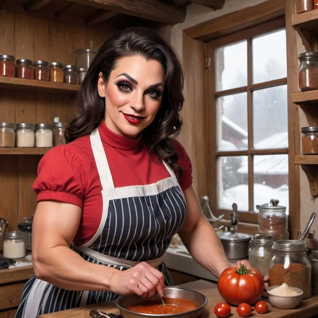 Prompt:  A warm kitchen with a cheerful gorgeous muscular 35-year-old italian drag queen bodybuilder with dark hair, dark eye makeup, dark lipstick, and  large busom, wearing a bright apron over a casual blouse and pants, stirring a big pot of tomato sauce on the stove. She sits nearby on a stool with big, curious eyes. A window shows the snowy village outside, and the kitchen shelves are full of spices and garlic.
