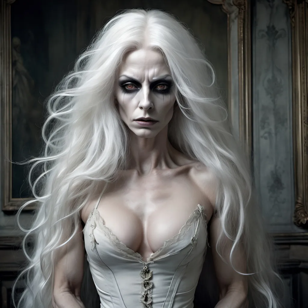 Prompt: Single image: A gorgeous dreamy ghostly ultra-muscular 35-year-old French drag queen bodybuilder with ridiculously long flowing ghostly white hair remains alone and eternally sad in her haunted Victorian Old mansion waiting for her long lost love to return art by Daria Endresen, John Reuss, Lin Fengmian, Robert Ryman, Elger Esser, Rimel Neffati. 3d, watercolors and ink, beautiful, fantastic view, extremely detailed, intricate, best quality, highest definition, zoomed in, hyper-muscular, muscles