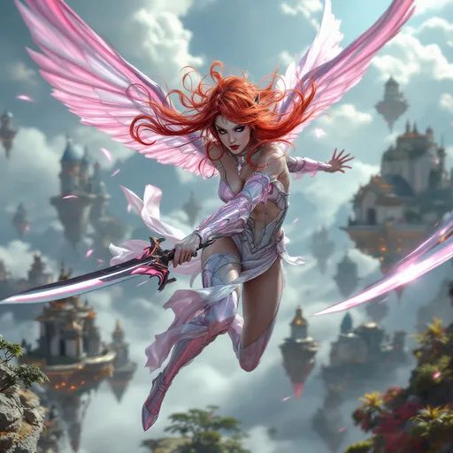 Prompt: A photorealistic image of a Gorgeous ultra-muscular 40-year-old drag queen Sky Elf fighter, a lithe and agile warrior with flowing bright red hair and iridescent pink wings, dark eye makeup and dark lipstick, in mid-battle amidst the floating islands of their sky city. The Sky Elf fighter, clad in sleek, shimmering armor that catches the light, wields dual blades with unmatched speed and precision. Their movements are a blur as they attack with the swiftness of the wind, the blades cutting through the air with ease. The scene captures the dynamic motion of combat, with the fighter executing a swift aerial maneuver, their wings catching a gust of wind that propels them forward. In the background, the floating city with its grand, airy architecture is partially shrouded in mist, giving a sense of otherworldly elevation. Art styles: photorealism, action, fantasy. Lighting: natural daylight, dynamic shadows. Camera: wide-angle action shot. Resolution: 8k, ultra-detailed.