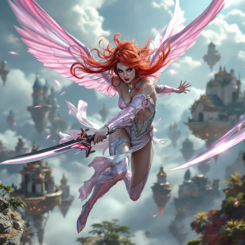 Prompt: A photorealistic image of a Gorgeous ultra-muscular 40-year-old drag queen Sky Elf fighter, a lithe and agile warrior with flowing bright red hair and iridescent pink wings, dark eye makeup and dark lipstick, in mid-battle amidst the floating islands of their sky city. The Sky Elf fighter, clad in sleek, shimmering armor that catches the light, wields dual blades with unmatched speed and precision. Their movements are a blur as they attack with the swiftness of the wind, the blades cutting through the air with ease. The scene captures the dynamic motion of combat, with the fighter executing a swift aerial maneuver, their wings catching a gust of wind that propels them forward. In the background, the floating city with its grand, airy architecture is partially shrouded in mist, giving a sense of otherworldly elevation. Art styles: photorealism, action, fantasy. Lighting: natural daylight, dynamic shadows. Camera: wide-angle action shot. Resolution: 8k, ultra-detailed.