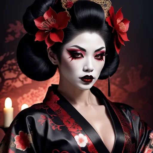 Prompt: (Gorgeous, muscular, goth,  geisha, drag queen bodybuilder), intricate dark makeup, traditional kimono with dark floral patterns, incredible detailing on clothes, perfect make-up, sharp fangs over blood red lips.  contrasting with lace elements, haunting ambiance, shadows reflecting cold moonlight, mysterious surgical precision in fabric details, mystical aura exuding sensuality, lush dark red and black tones, (ultra-detailed), (4K), dark, terrifying yet enchanting and chilling atmosphere in a Japanese grave yard, courtly surroundings filled with ethereal allure.