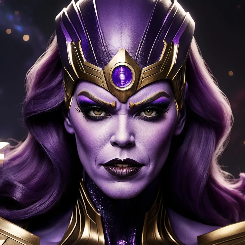 Prompt: If Thanos was a gorgeous muscular drag queen. Dark eye makeup and dark lipstick.