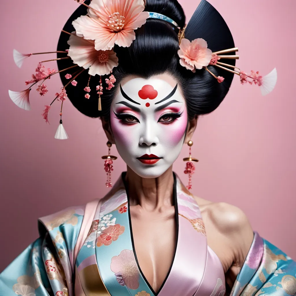 Prompt: Gorgeous muscular 55-year-old Japanese drag queen dressed up as a Avantgarde geisha, (innovative styling), pastel colors, intricate patterns, striking makeup, (dramatic hairstyles), seamless blend of tradition and modernity, (elegant pose), atmospheric background with abstract elements, captivating and surreal vibe, (highly detailed), enchanting yet edgy aesthetic, (4K quality), intriguing juxtaposition of vintage and contemporary.