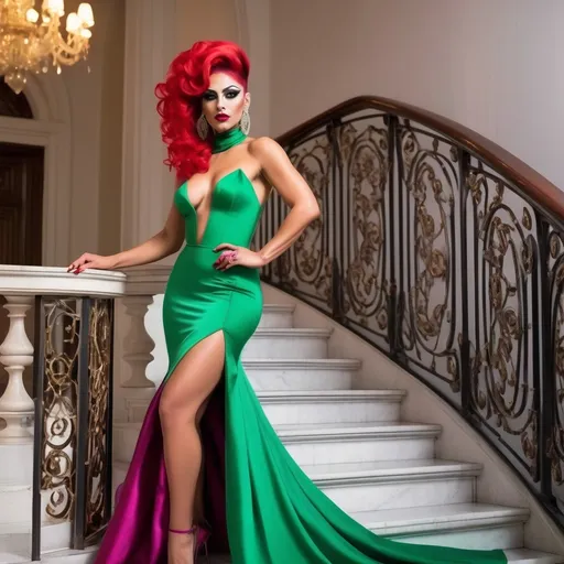 Prompt: Beautiful  olive-skin Israeli bodybuilder drag queen, long bright red updo styled hair, vibrant green eyes, flawless round face, dark eye shadowand dark red lipstick, long flowing magenta & red dress with peekaboo cutout and thigh slit, 8 inch white stiletto high heels, standing on a grand staircase, high-res, pro lighting, pro photo, sharp focus, luxury setting, haute couture fashion, subtle smile, sophisticated, elegant