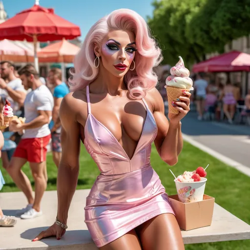 Prompt: photorealistic head to toe picture of gorgeous muscular 25-year-old French drag queen bodybuilder with large busom enjoying her ice cream on a hot day wearing a dress with cute shoes 